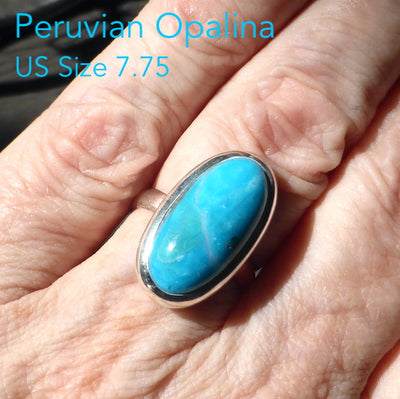 Peruvian Opalina Ring | Long Oval Cabochon | 925 Sterling Silver Setting | US Size 7.75 | AUS Size P| Uplift and protect the Heart | Connect Heaven and Earth | Peaceful Power | Spiritual Silnce  Creativity | Expression | Genuine Gems from Crystal Heart Melbourne Australia since 1986