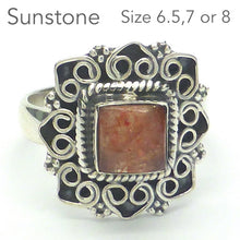 Load image into Gallery viewer, Natural Sunstone Ring | Sparkling Cabochon | 925 Sterling Silver  | Ornate wide Aztec Inca Border  | Open Back | US Size 6.5, 7 or 8 | Positive Uplifting emotions  | Leo Libra Star Stone | Genuine Gems from Crystal Heart Melbourne Australia since 1986