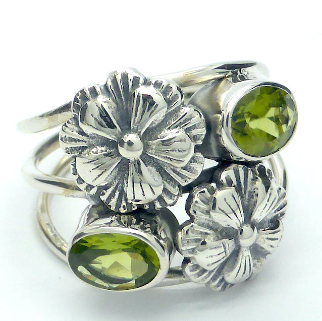 Peridot Ring | Two faceted Ovals with Silver Flowers | 925 Sterling silver | Bezel Set with open backs  Comfortable Triple Band | US size 6.5 | 8 | 9 | Leo Stone | Genuine Gems from Crystal Heart Melbourne Australia since 1986
