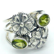 Load image into Gallery viewer, Peridot Ring | Two faceted Ovals with Silver Flowers | 925 Sterling silver | Bezel Set with open backs  Comfortable Triple Band | US size 6.5 | 8 | 9 | Leo Stone | Genuine Gems from Crystal Heart Melbourne Australia since 1986