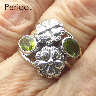 Peridot Ring | Two faceted Ovals with Silver Flowers | 925 Sterling silver | Bezel Set with open backs  Comfortable Triple Band | US size 6.5 | 8 | 9 | Leo Stone | Genuine Gems from Crystal Heart Melbourne Australia since 1986