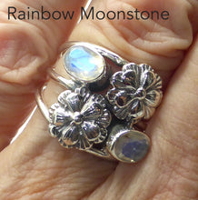 Load image into Gallery viewer, Rainbow Moonstone Ring with Blue Flashes | 2 Oval Faceted Stones | 925 Sterling silver | US size | 6 | 7 | 8 | 9 | Leo Stone | Genuine Gems from Crystal Heart Melbourne Australia since 1986