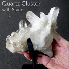 Load image into Gallery viewer, Large Clear Quartz Cluster | Custom Made Black Metal Stand  Clarity of mind | Inspiration | Crown Chakra  | Genuine Gems from Crystal Heart Melbourne Australia since 1986