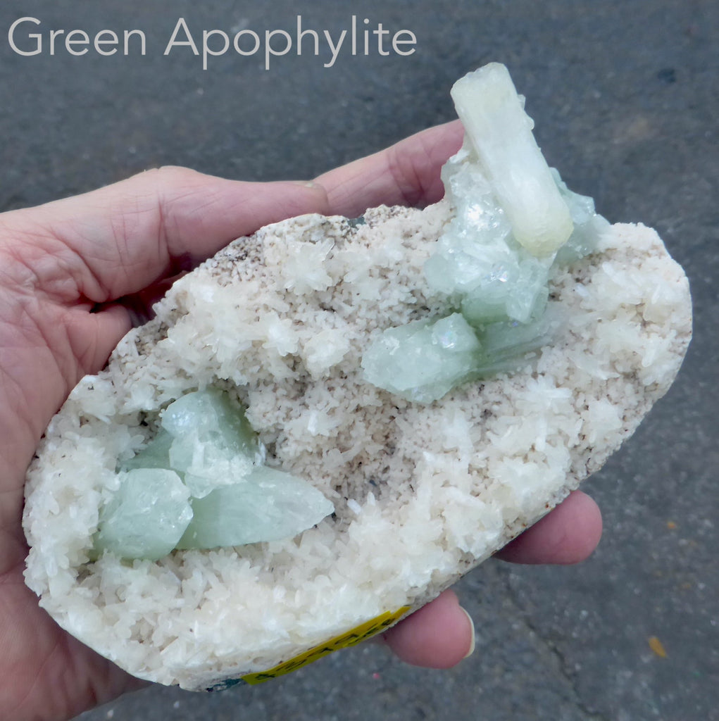 Green Apophyllite Cluster | with small white Heluandite crystals | Open Heart Higher Wisdom | Genuine Gems from Crystal Heart Melbourne Australia since 1986