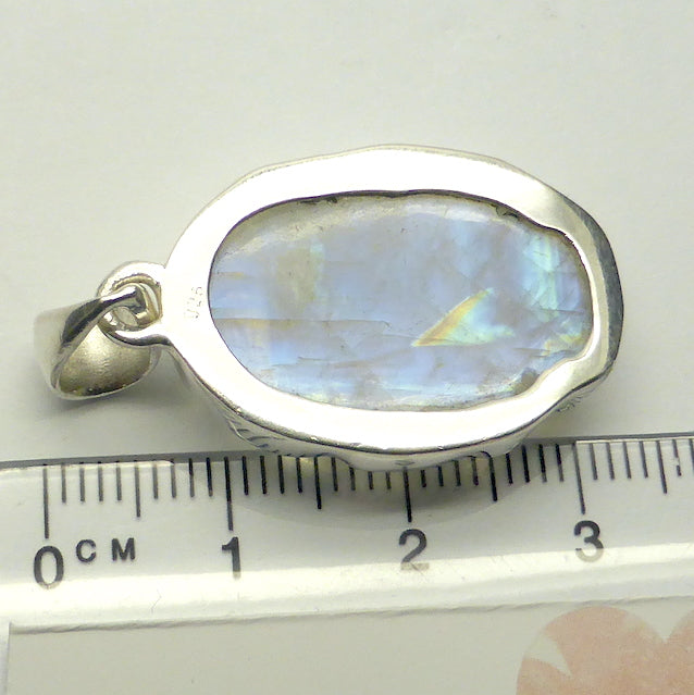 Natural Rainbow Moonstone Pendant | Buddha Head Carving Sculpture | 925 Sterling Silver | Strong Consistent Blue Flash | Emotional Liberation | Meditation | Serene Contentment and Joy | Genuine Gems from Crystal Heart Melbourne Australia 1986