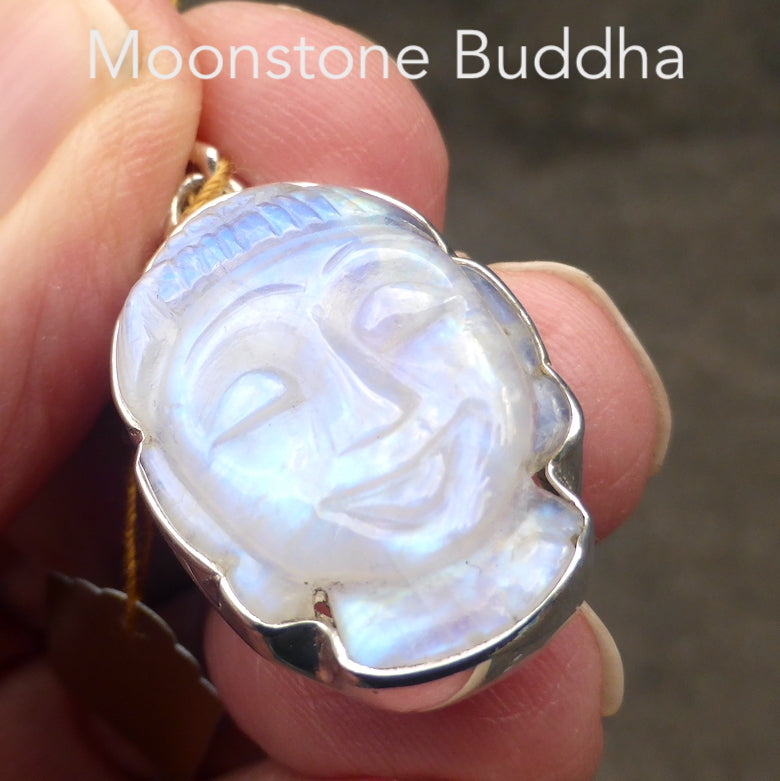 Natural Rainbow Moonstone Pendant | Buddha Head Carving Sculpture | 925 Sterling Silver | Strong Consistent Blue Flash | Emotional Liberation | Meditation | Serene Contentment and Joy | Genuine Gems from Crystal Heart Melbourne Australia 1986