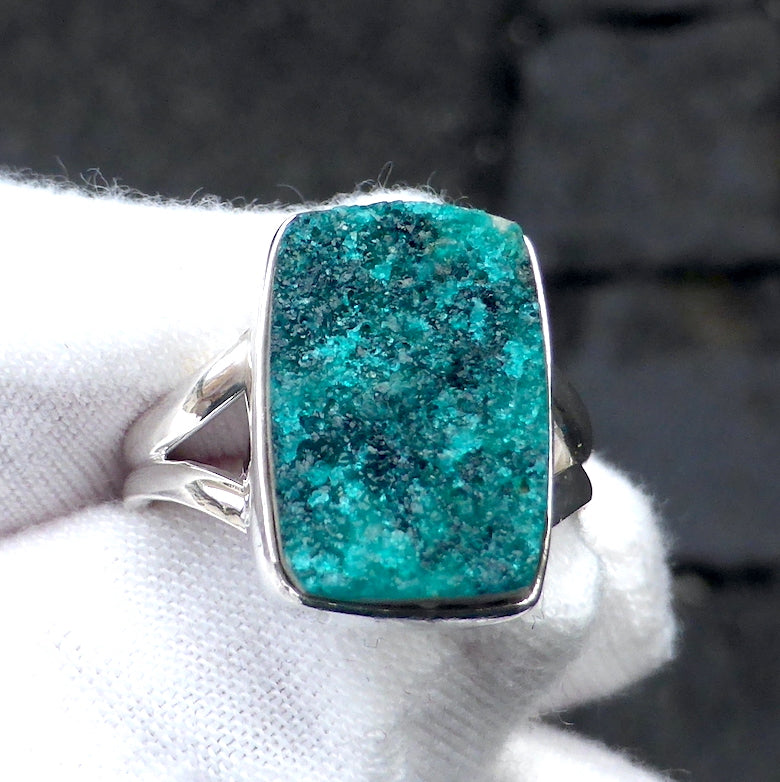 Raw Dioptase Ring | Oblong Druzy Cluster | 925 Sterling Silver | US Size 7 | Aus Size N1/2 | Sparkling Emerald Green Crystals | Practical Compassion | Relaxed Loving energy | Genuine Gems from Crystal Heart Melbourne Australia since 1986