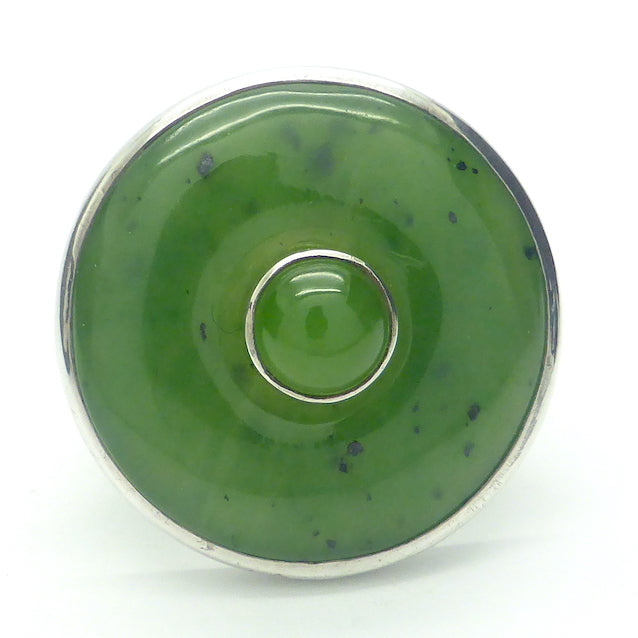 Nephrite Jade Pendant | Smooth Disc with another Jade Cabochon centre | 925 Sterling Silver | Bright colour and Translucency | Refined Heart Energy | Genuine Gems from Crystal Heart Melbourne Australia since 1986