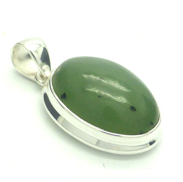 Nephrite Jade Pendant | Oval Cabochon | 925 Sterling Silver | Goodf colour and Translucency | Refined Heart Energy | Genuine Gems from Crystal Heart Melbourne Australia since 1986
