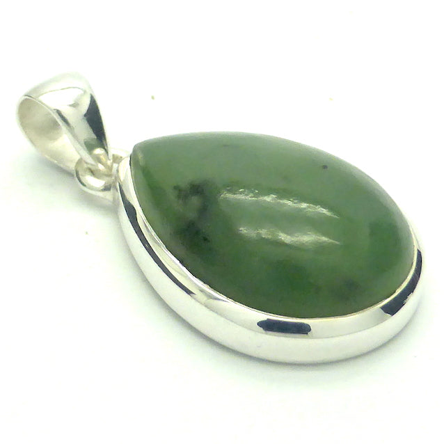 Nephrite Jade Pendant | Teardrop Cabochon | 925 Sterling Silver | Good colour and Translucency | Refined Heart Energy | Genuine Gems from Crystal Heart Melbourne Australia since 1986