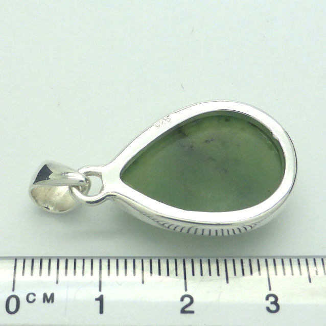 Nephrite Jade Pendant | Teardrop Cabochon | 925 Sterling Silver | Good colour and Translucency | Refined Heart Energy | Genuine Gems from Crystal Heart Melbourne Australia since 1986