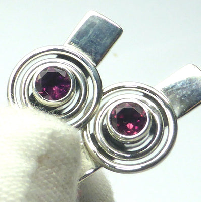 Rhodolite Garnet Gemstone Earrings | Faceted Round on long Silver Shaft | 925 Sterling Silver | Dangling but light weight | Genuine Gems from Crystal Heart Melbourne Australia since 1986