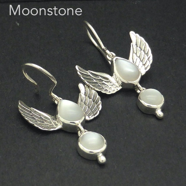 Classic Moonstone Earrings  | 925 Sterling Silver | 2 cabs dangling between feathered silver angel wings | Genuine Gems from Crystal Heart Melbourne Australia since 1986