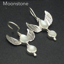Load image into Gallery viewer, Classic Moonstone Earrings  | 925 Sterling Silver | 2 cabs dangling between feathered silver angel wings | Genuine Gems from Crystal Heart Melbourne Australia since 1986
