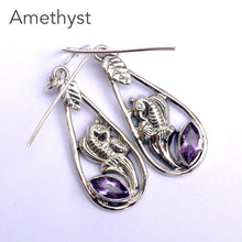 Load image into Gallery viewer, Amethyst Gemstone Earrings | Faceted Marquis shape | 925 Sterling Silver | Leaf and Floral Motif | Genuine Gems from Crystal Heart Melbourne Australia since 1986