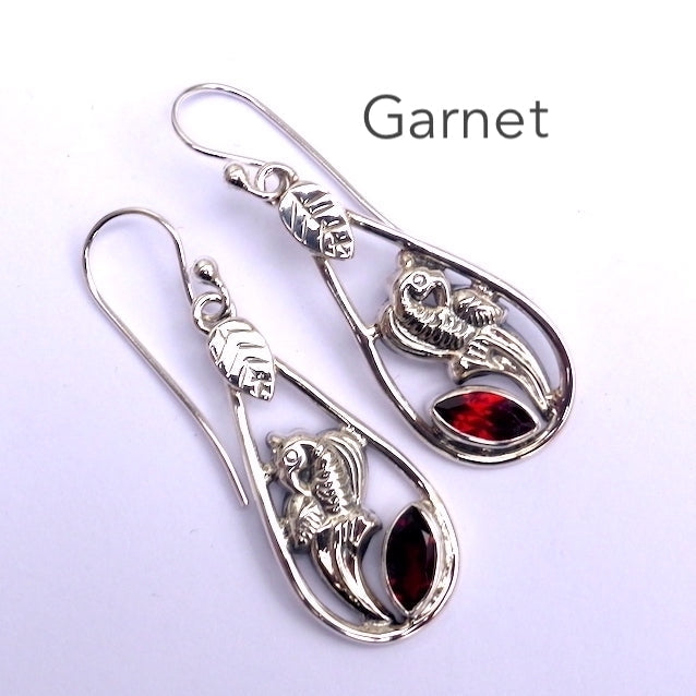 Garnet Gemstone Earrings | Faceted Marquis shape | 925 Sterling Silver | Leaf and Floral Motif | Genuine Gems from Crystal Heart Melbourne Australia since 1986