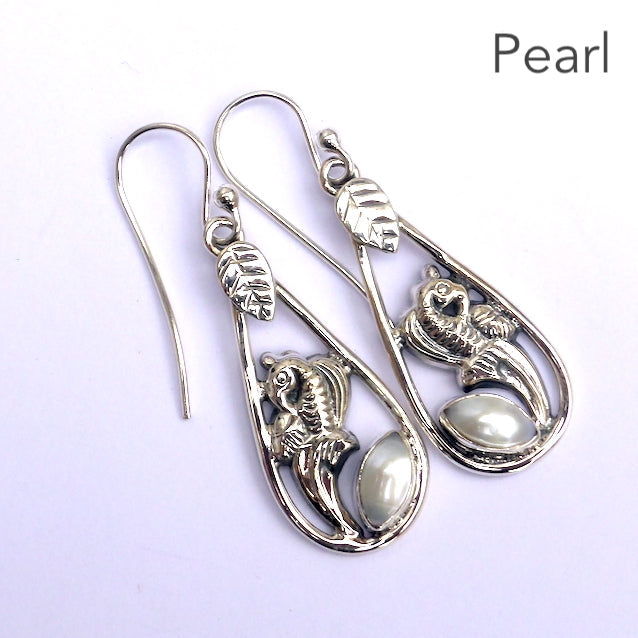 Freshwater Pearl Gemstone Earrings | Faceted Marquis shape | 925 Sterling Silver | Leaf and Floral Motif | Genuine Gems from Crystal Heart Melbourne Australia since 1986