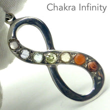 Load image into Gallery viewer, Pendant with Chakra Gemstones Stones | 925 Sterling Silver | Set in Silver Figute of Eight | Infinity | Eternity | Garnet, Carnelian, Citrine, Peridot, Water Sapphire, Amethyst and Rainbow Moonstone | Genuine Gems from Crystal Heart Melbourne Australia since 1986