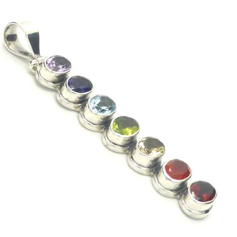 Pendant with Chakra Gemstones Stones | 925 Sterling Silver | Set in vertical line | Garnet, Carnelian, Citrine, Peridot, Water Sapphire, Amethyst and Rainbow Moonstone | Genuine Gems from Crystal Heart Melbourne Australia since 1986