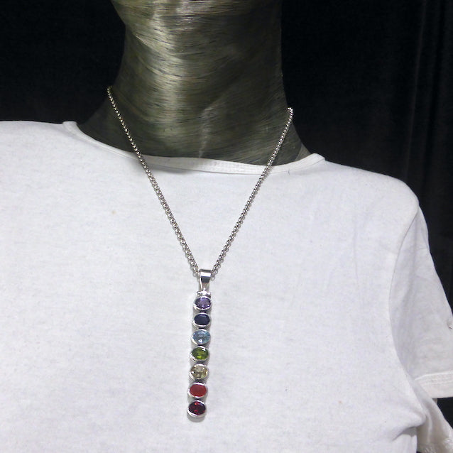 Pendant with Chakra Gemstones Stones | 925 Sterling Silver | Set in vertical line | Garnet, Carnelian, Citrine, Peridot, Water Sapphire, Amethyst and Rainbow Moonstone | Genuine Gems from Crystal Heart Melbourne Australia since 1986