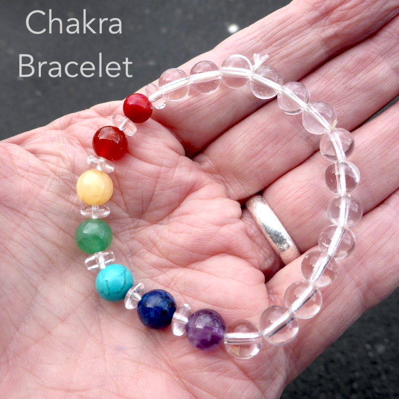Chakra Gemstone Beaded Stretch Bracelet | Strong Elastic THread | Fair Trade | Red Coral, Carnelian, Green Aventurine, Turquoise, Lapis and Amethyst | Genuine Gemstones from Crystal Heart Melbourne Australia since 1986