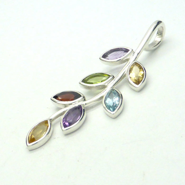 Nature Pendant  | 925 Sterling Silver | Seven Faceted Marquis Gemstones set as leaves on Silver Branch | Genuine Gems from Crystal Heart Melbourne Australia since 1986