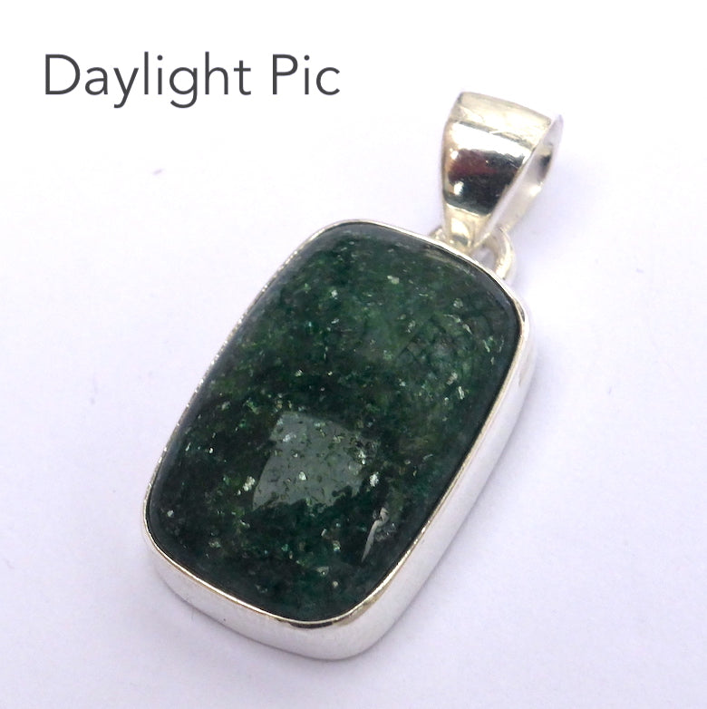 Green Aventurine Healing Crystal Pendant | Sparking Dark Green Oblong Cabochon | 925 Sterling Silver bezel setting | open back | The All Round Healer | Plexus and Physical Heart | Natural breathing and all the health benefits accruing from that | Genuine Gems from Crystal Heart Melbourne Australia since 1986