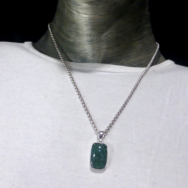 Green Aventurine Healing Crystal Pendant | Sparking Dark Green Oblong Cabochon | 925 Sterling Silver bezel setting | open back | The All Round Healer | Plexus and Physical Heart | Natural breathing and all the health benefits accruing from that | Genuine Gems from Crystal Heart Melbourne Australia since 1986