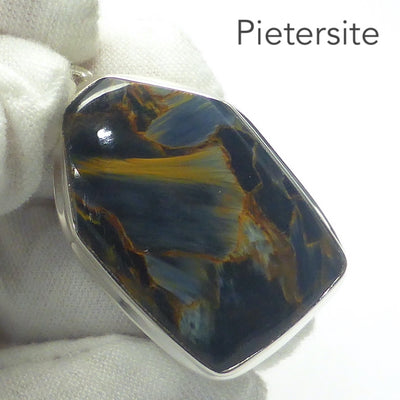 Pietersite Pendant | 6 sided rectangular Cabochon | 925 Sterling Silver  | Blue and Gold Swirls | strength flexibility creativity determination | Genuine Gems from Crystal Heart Melbourne Australia since 1986