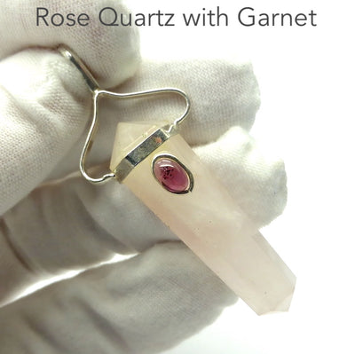 Rose Quartz Pendant | Double Terminated | Garnet Accent | Silver Plated white metal | Love and Passion | Genuine Gems from Crystal Heart Melbourne Australia since 1986