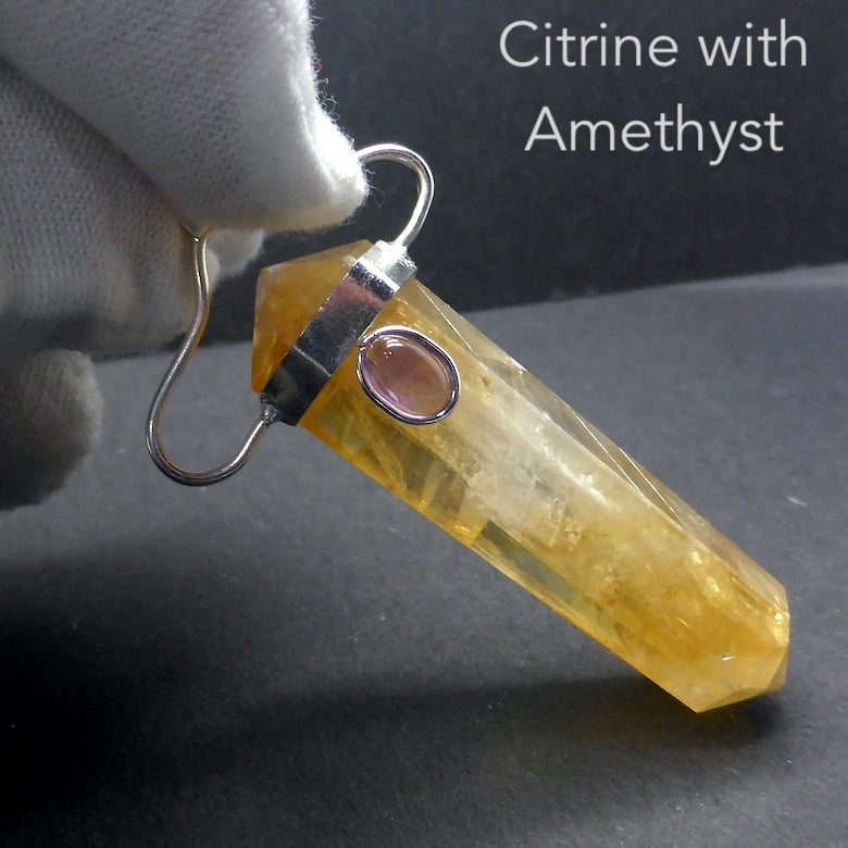 Citrine Pendant with Amethyst, Double point, Silver Plated
