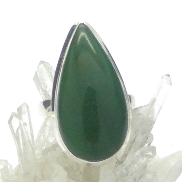 Nephrite Jade Ring | Teardrop Cabochon | 925 Sterling Silver | Bezel Set | Open Back | US Size 6 | AUS Size L1/2 | Good colour and Translucency | Genuine Gems from Crystal Heart Melbourne Australia since 1986