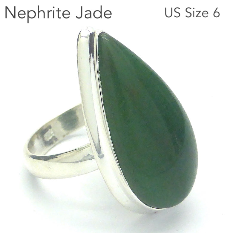 Nephrite Jade Ring | Teardrop Cabochon | 925 Sterling Silver | Bezel Set | Open Back | US Size 6 | AUS Size L1/2 | Good colour and Translucency | Genuine Gems from Crystal Heart Melbourne Australia since 1986