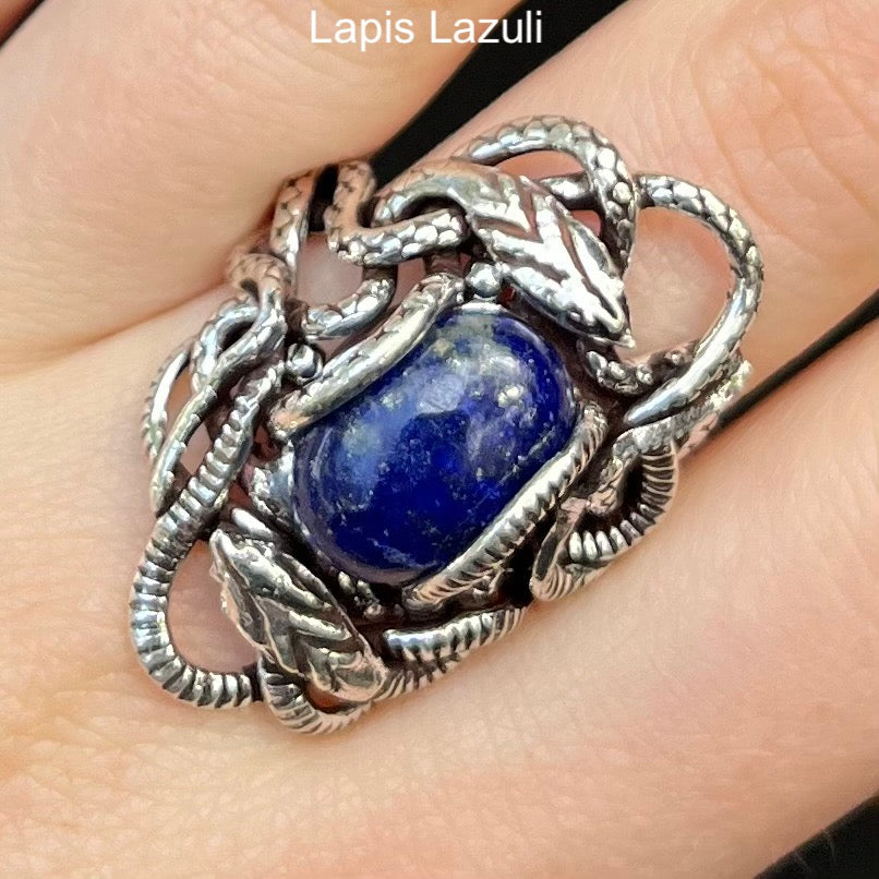 Genuine Lapis Lazuli Cabochon Ring | Wrapped in Tantric Twining of Paired Snakes | 925 Sterling Silver | Intuition Stone | Large sizes | Crystal Heart since 1986