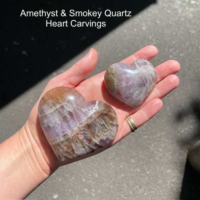 Amethyst & Smokey Quartz Crystal Hearts |  Hand Carved Genuine | Calming | Grounding Rock | Genuine Gems from Crystal Heart Melbourne Australia since 1986