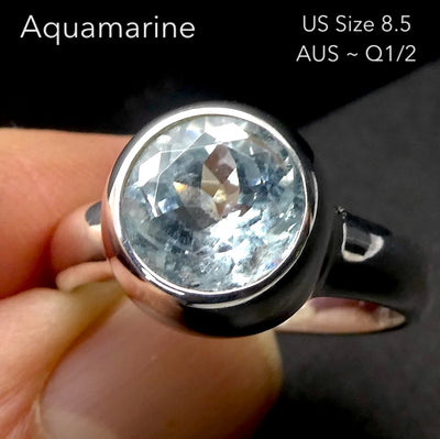 Aquamarine Ring | Large Faceted Round | Fine 925 Sterling Silver | US Size 8.5 | AUS Size Q1/2 | Genuine Gems from Crystal Heart Melbourne Australia since 1986