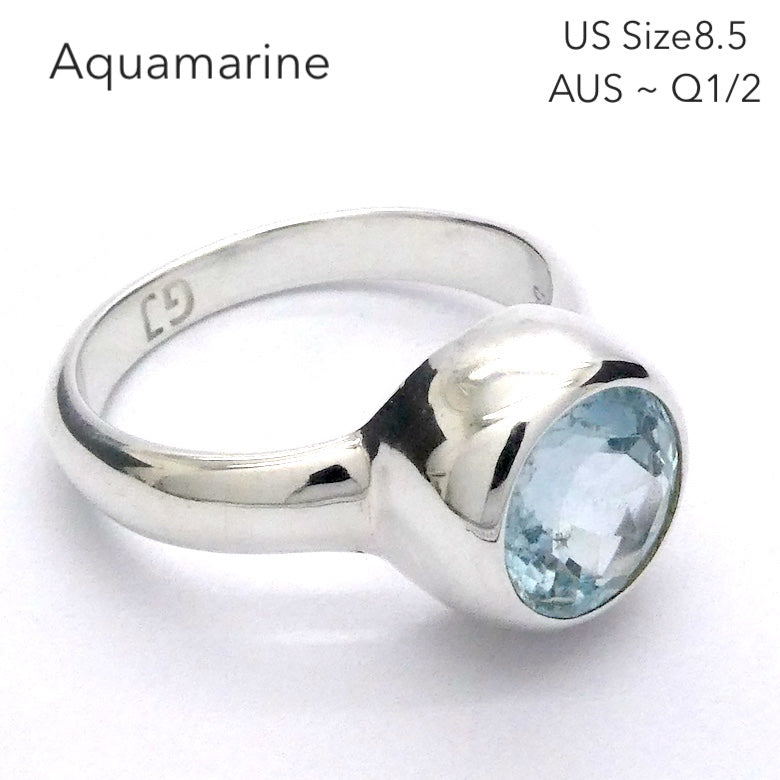 Aquamarine Ring | Large Faceted Round | Fine 925 Sterling Silver | US Size 8.5 | AUS Size Q1/2 | Genuine Gems from Crystal Heart Melbourne Australia since 1986