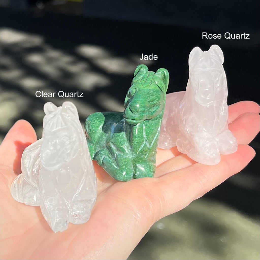 Spirit Horse Carving | Green Jade | Clear Quartz | Rose Quartz | Shaman Symbol | Crystal Heart Melbourne Australia since 1986