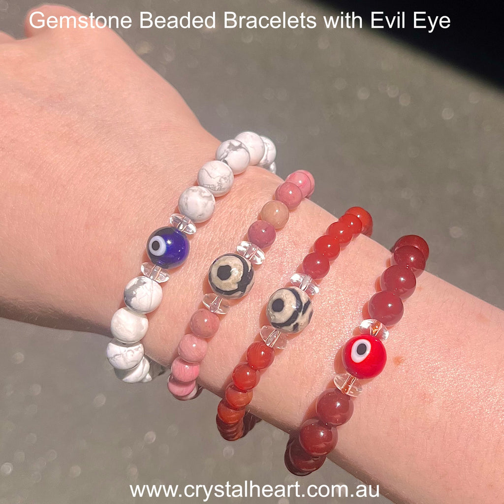 Natural Gemstone Stretch Bead Bracelet | Evil Eye | Carnelian | Rhodonite | Howlite | Heart Healing | Creative Energy | Relaxing | Dream | Fair Trade | Crystal Heart Melbourne Australia since 1986