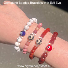 Load image into Gallery viewer, Natural Gemstone Stretch Bead Bracelet | Evil Eye | Carnelian | Rhodonite | Howlite | Heart Healing | Creative Energy | Relaxing | Dream | Fair Trade | Crystal Heart Melbourne Australia since 1986