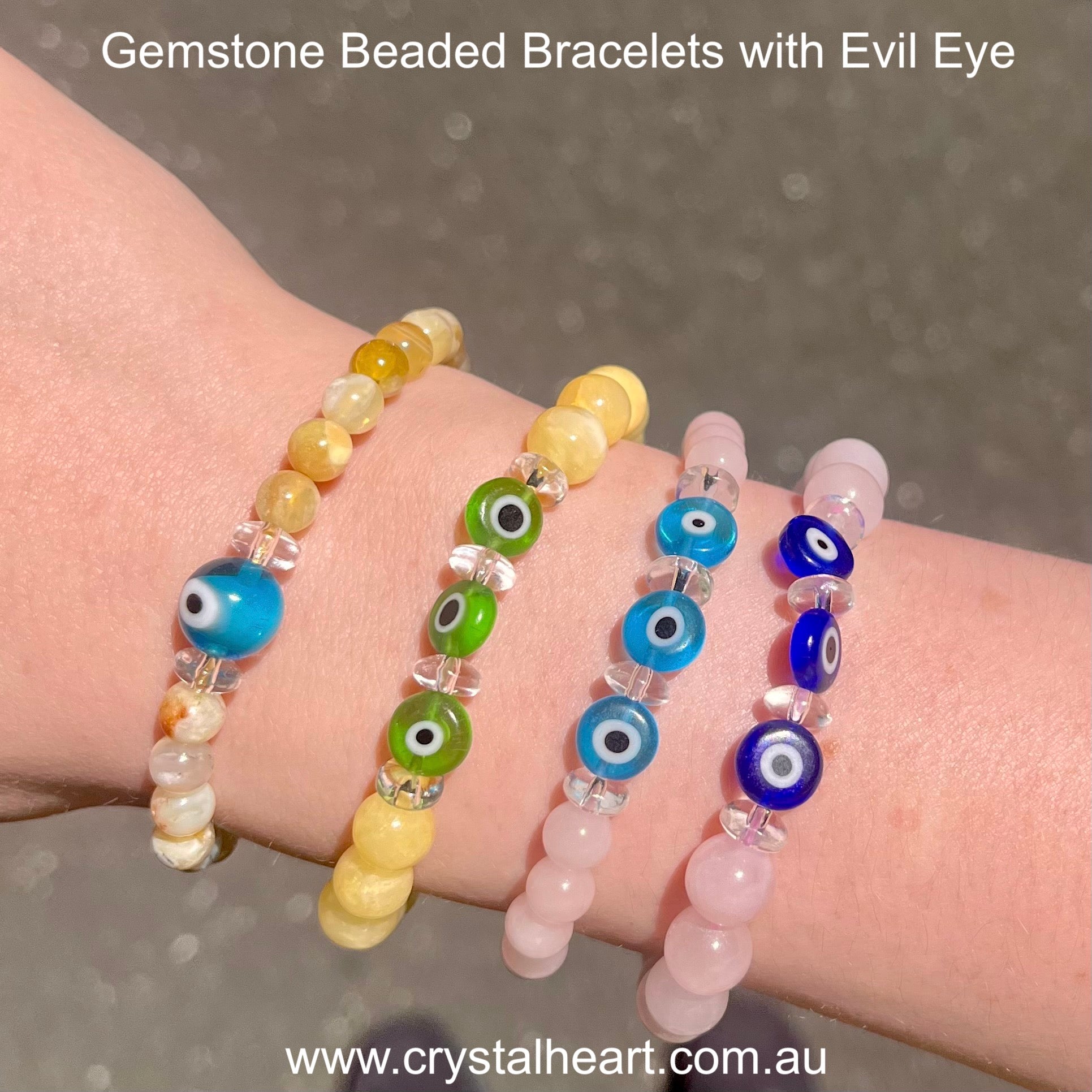 Gemstone Bead Bracelets with Evil Eye Rose Quartz Calcite Yellow O Crystal Heart