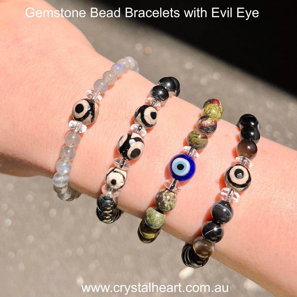 Natural Gemstone Stretch Bead Bracelet | Evil Eye | Black Agate | Dragon Stone | Hematite | Labradorite | Fair Trade | Grounding | Protection | Calming | Magic | Wisdom | Spirituality | Crystal Heart Melbourne Australia since 1986
