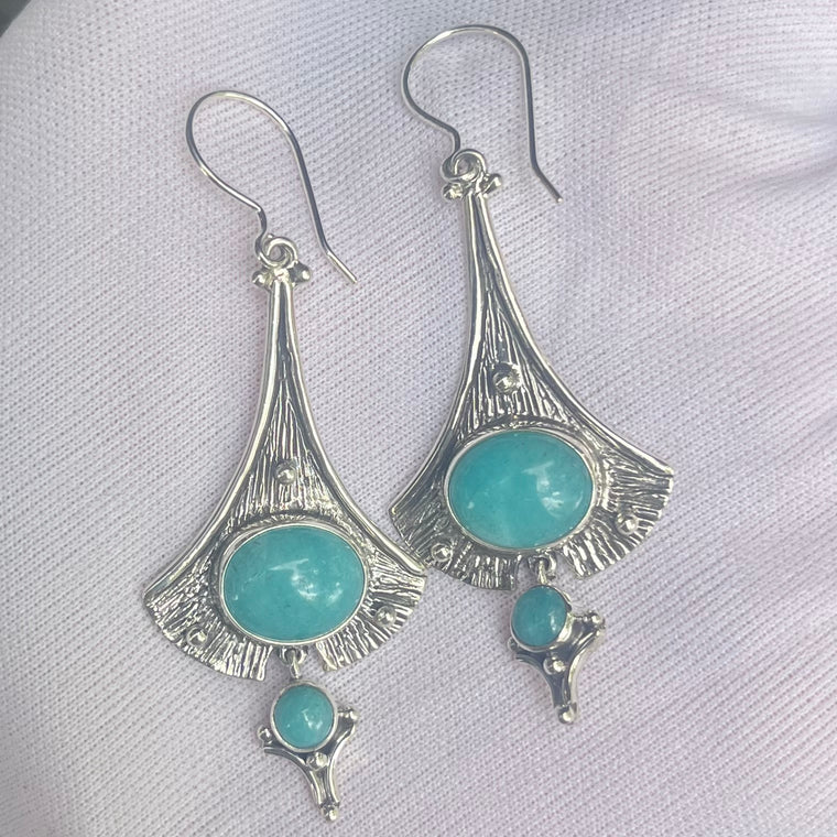 Amazonite Earrings, Oval Cabochons, Ethnic Style, 925 Sterling Silver