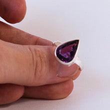 Load image into Gallery viewer, Amethyst Ring | Faceted Teardrop Gemstone | Deep cut  | 925 Sterling Silver| Mesmerising Beauty | Quality Silver Work | Genuine Gems from Crystal Heart Melbourne Australia since 1986