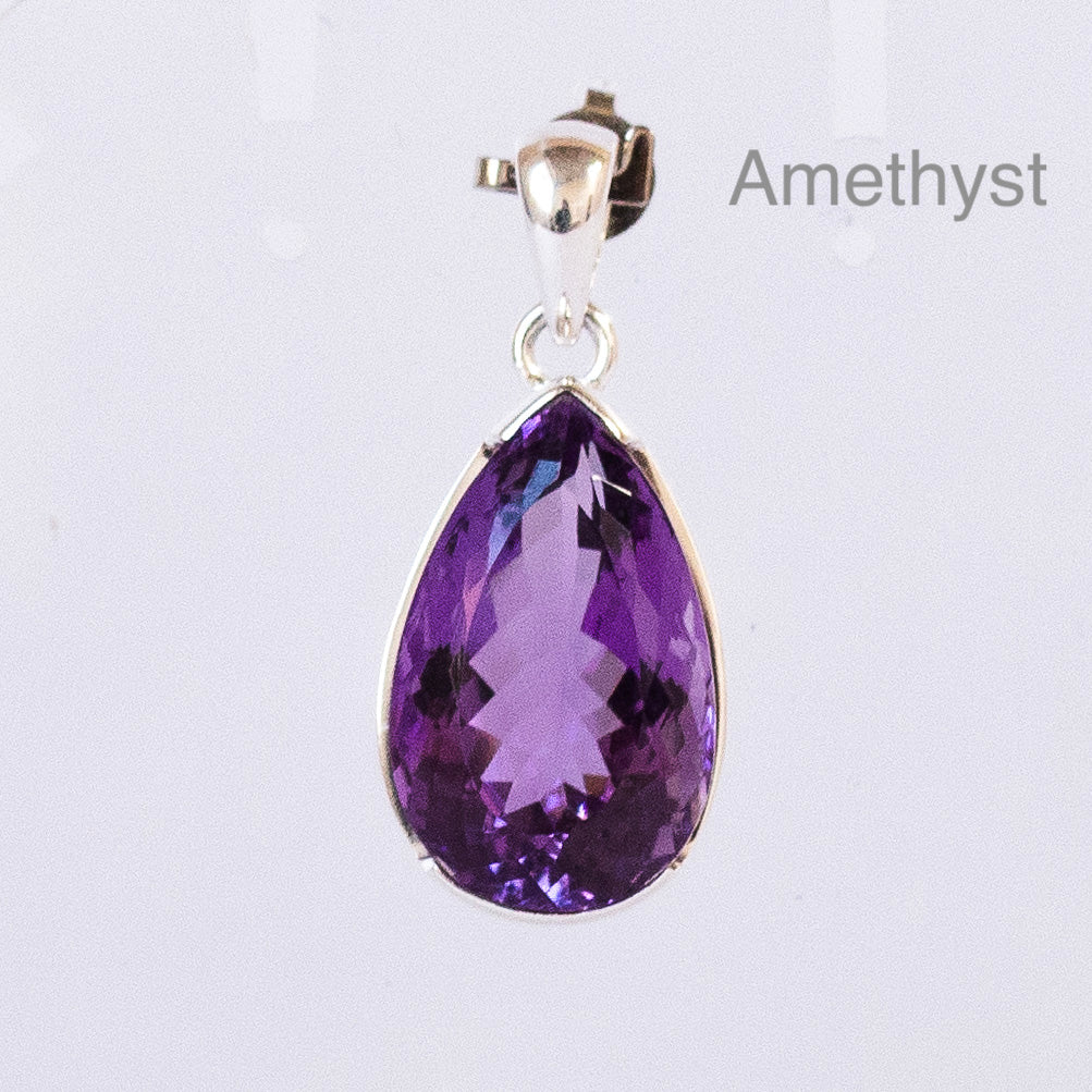 Amethyst Pendant |  Teardop  Cabochon with faceted reverse | Lovely Purple  | 925 Sterling Silver | Quality Silver Work | Genuine Gems from Crystal Heart Melbourne Australia since 1986