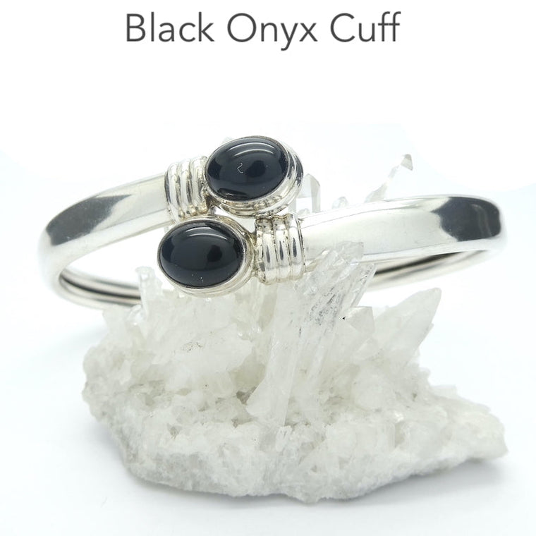 Black Onyx Cuff Bracelet Bangle, Oval Cabochons, 925 Sterling Silver