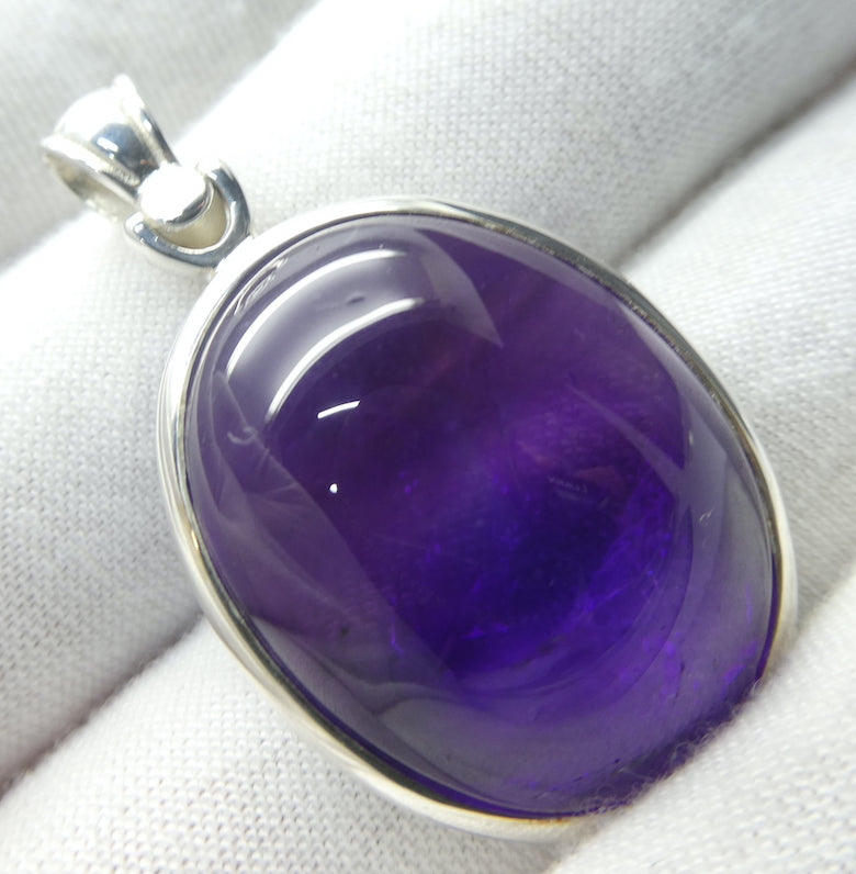 Amethyst Pendant | Oval Cabochon | Lovely Deep Purple | Veils within | Rare patch of Blue visible under strong light | 925 Sterling Silver | Quality Silver Work | Genuine Gems from Crystal Heart Melbourne Australia since 1986
