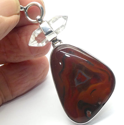 Carnelian Pendant | Subtle Organic Banding | 925 Sterling Silver Setting | Clear Quartz Double Termination above | Creativity Focus | Cancer Leo Taurus | Genuine Gems from Crystal Heart Melbourne Australia since 1986 | AKA Cornelian or Sard 