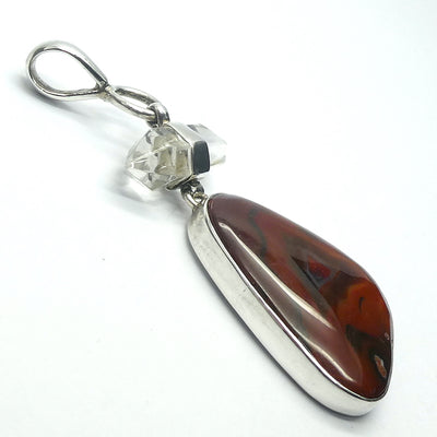 Carnelian Pendant | Subtle Organic Banding | 925 Sterling Silver Setting | Clear Quartz Double Termination above | Creativity Focus | Cancer Leo Taurus | Genuine Gems from Crystal Heart Melbourne Australia since 1986 | AKA Cornelian or Sard 