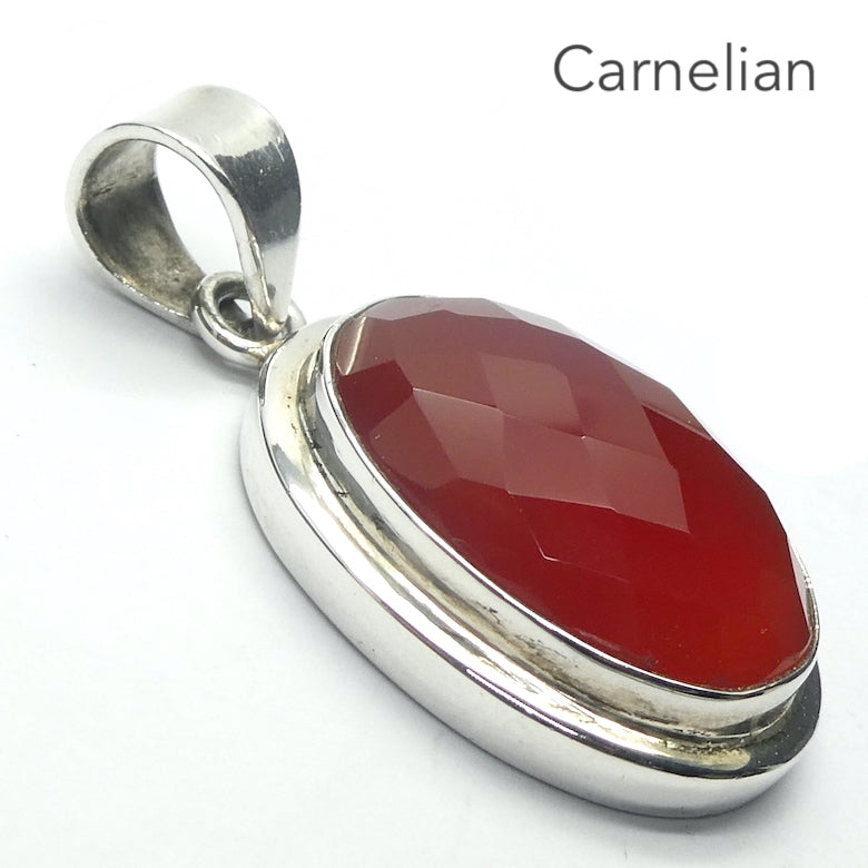 Carnelian Cabochon Pendant | Stepped 925 Sterling Silver Setting | Checker Board Cut | Consistent colour and translucency | Creativity Focus | Cancer Leo Taurus | Genuine Gems from Crystal Heart Melbourne Australia since 1986 | AKA Cornelian or Sard 
